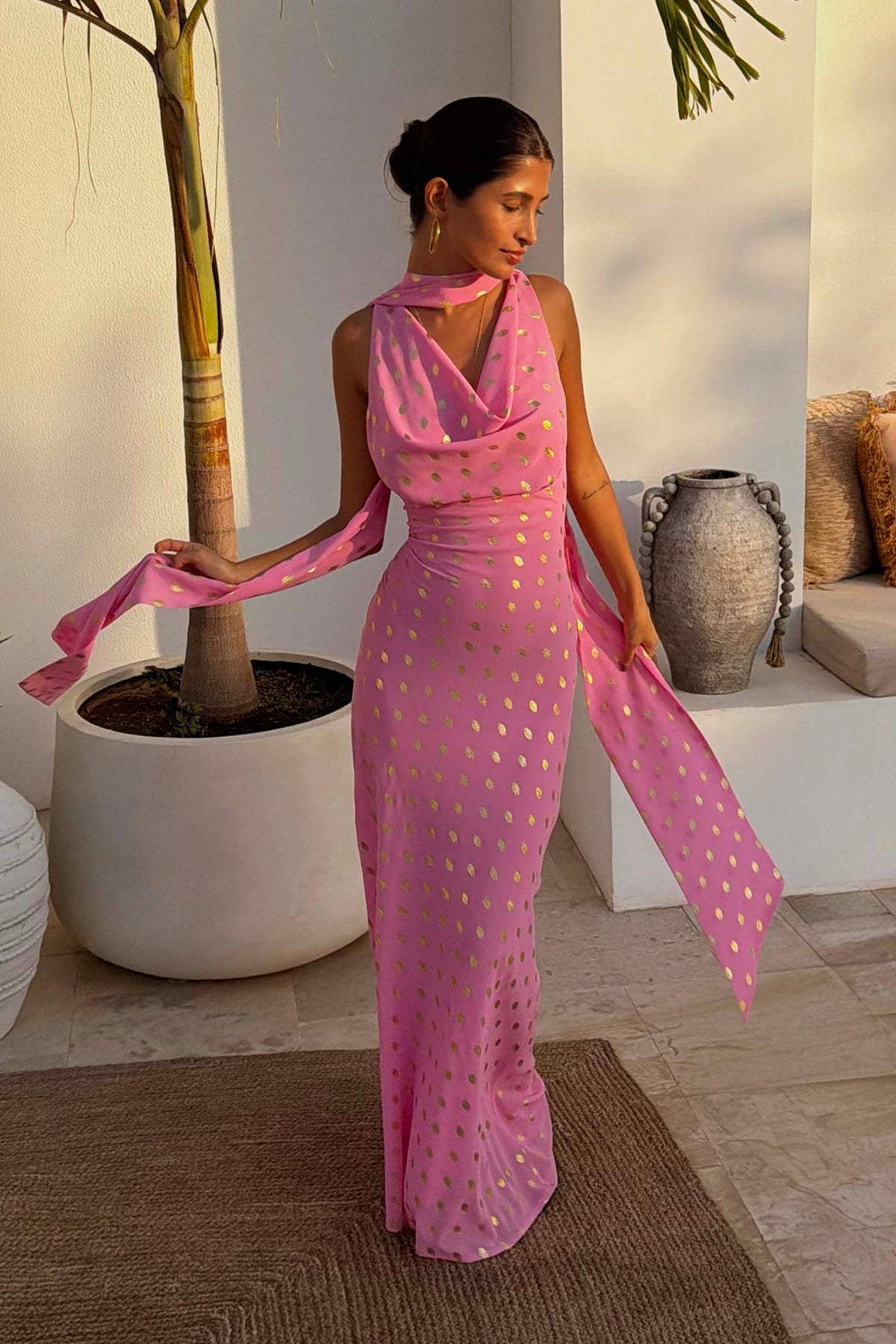 Pink Polka Dot Halter Maxi Dress