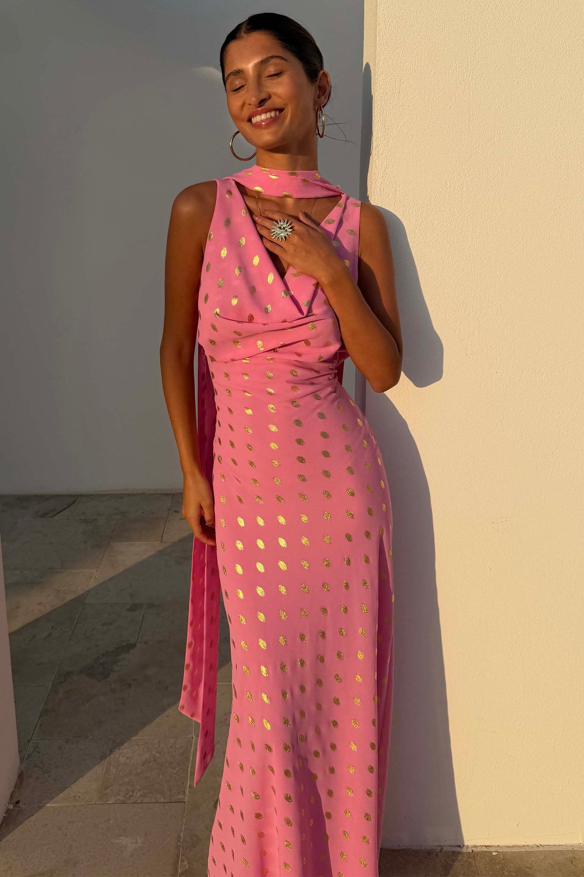 Pink Polka Dot Halter Maxi Dress