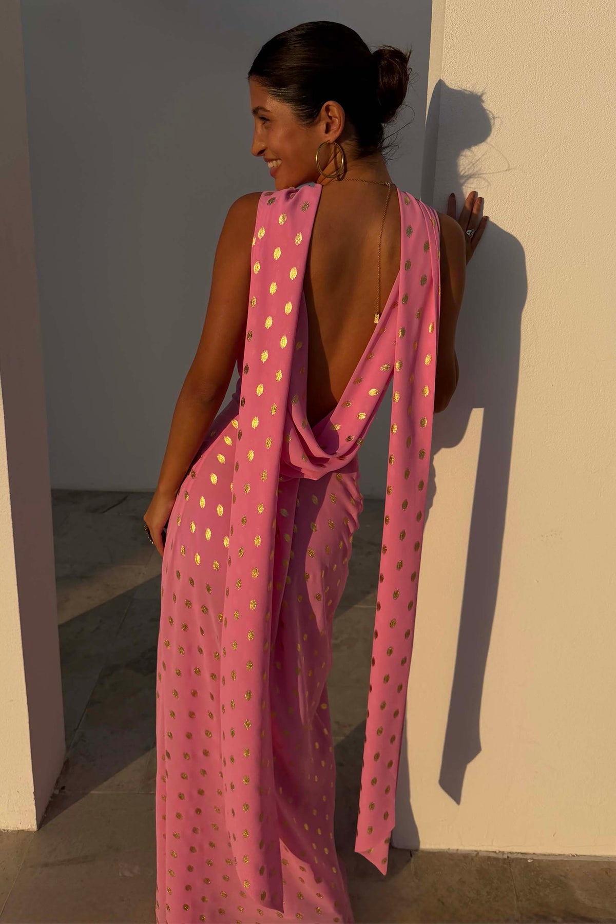 Pink Polka Dot Halter Maxi Dress