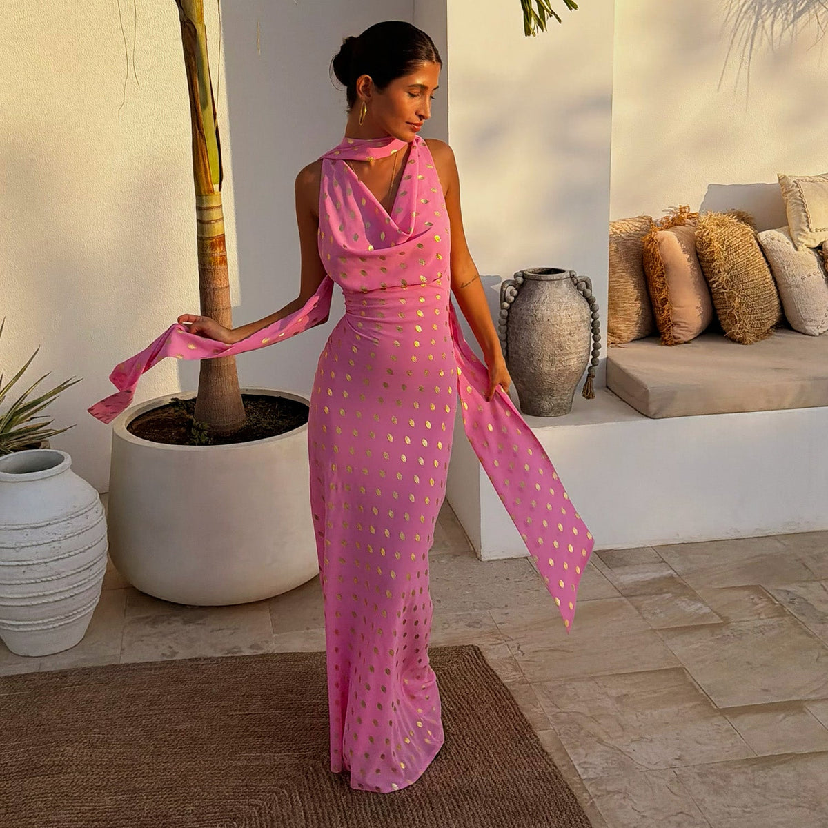 Pink Polka Dot Halter Maxi Dress