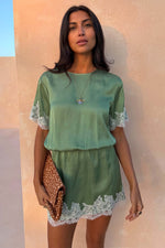 Green Lace Trim Mini Dress