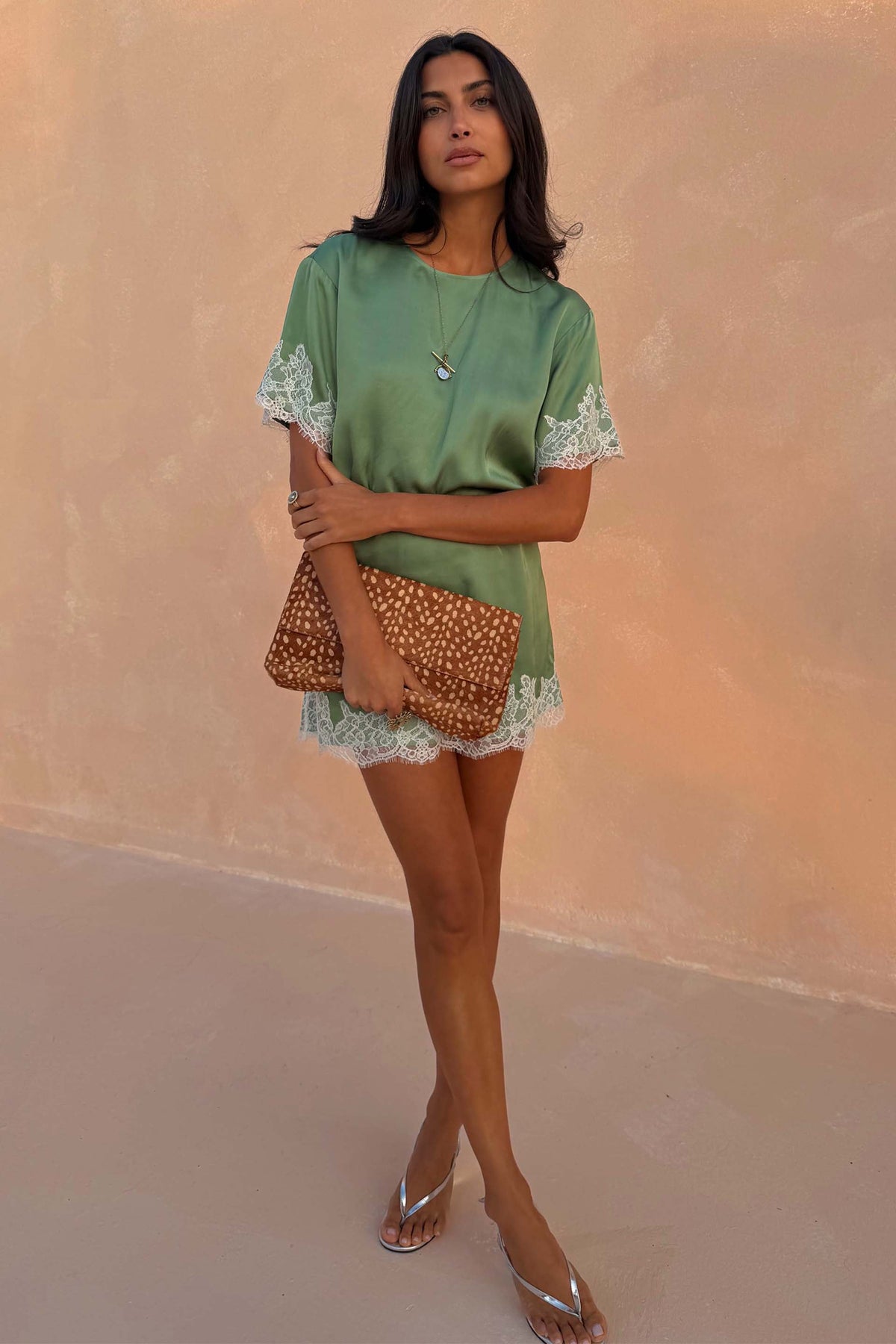 Green Lace Trim Mini Dress