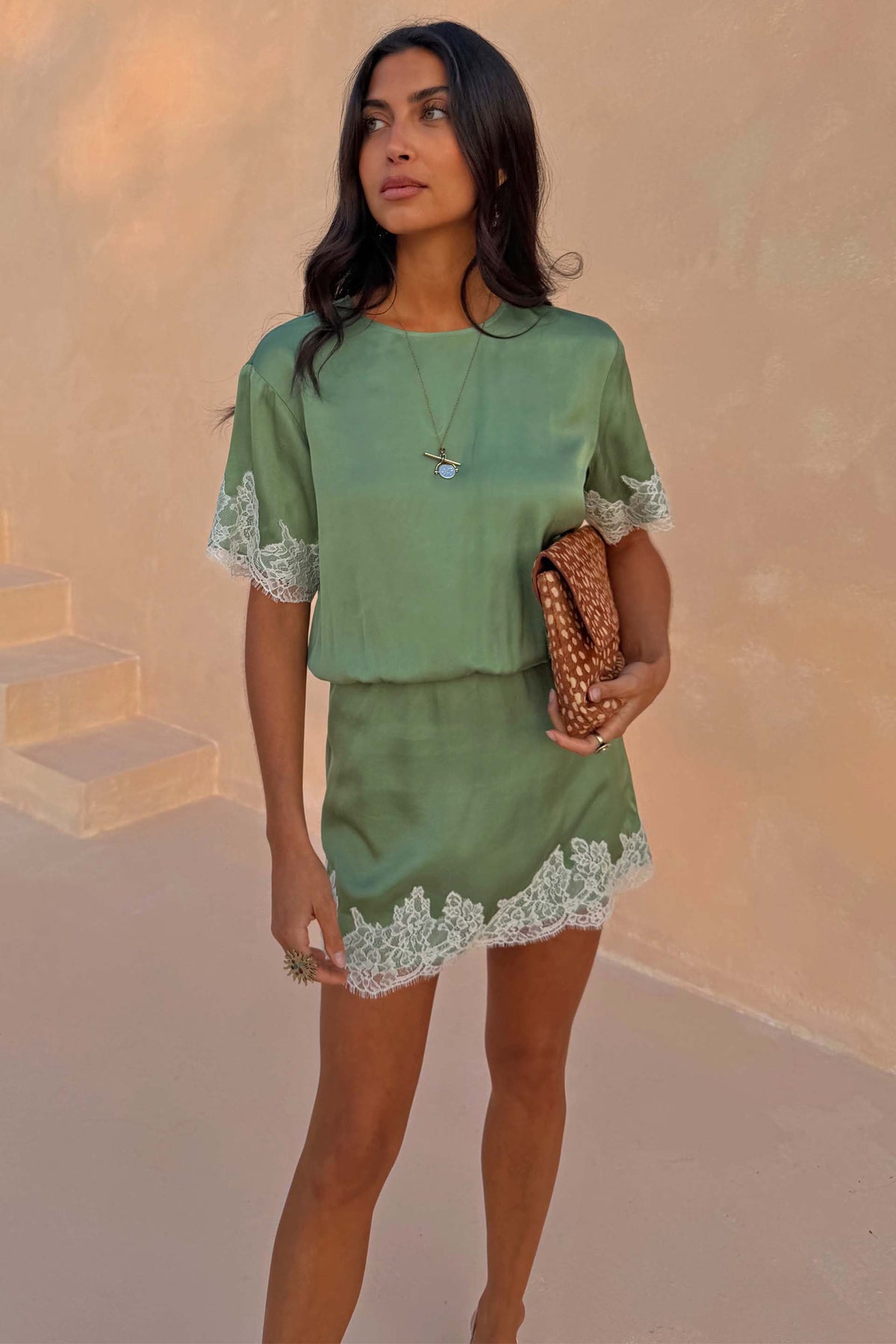 Green Lace Trim Mini Dress