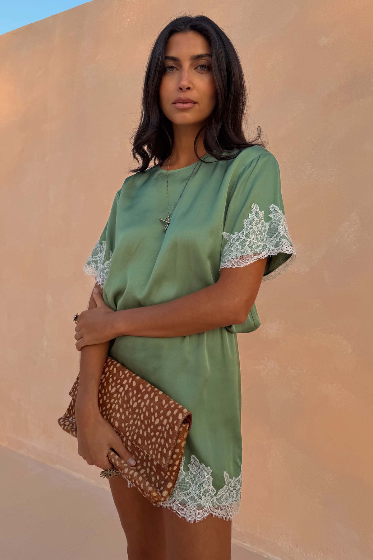 Green Lace Trim Mini Dress