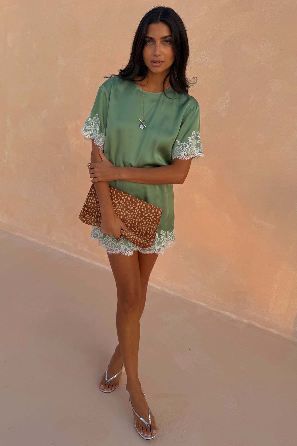 Green Lace Trim Mini Dress