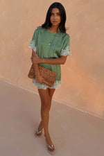 Green Lace Trim Mini Dress