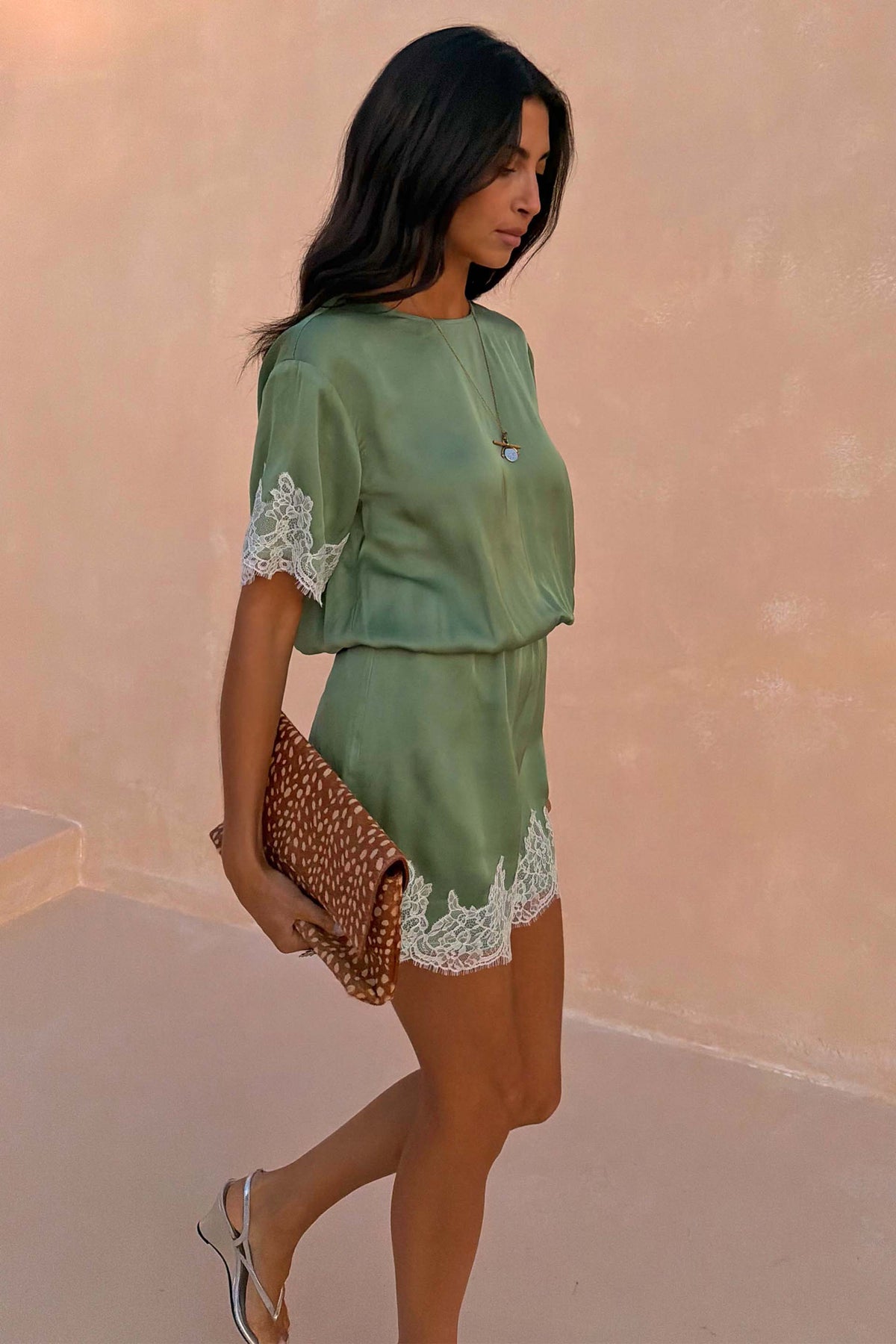 Green Lace Trim Mini Dress