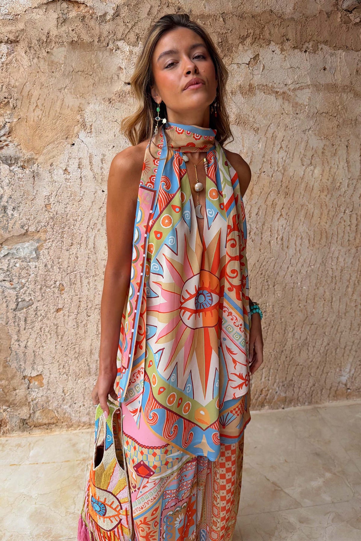 Geo Print Halter Mini Dress