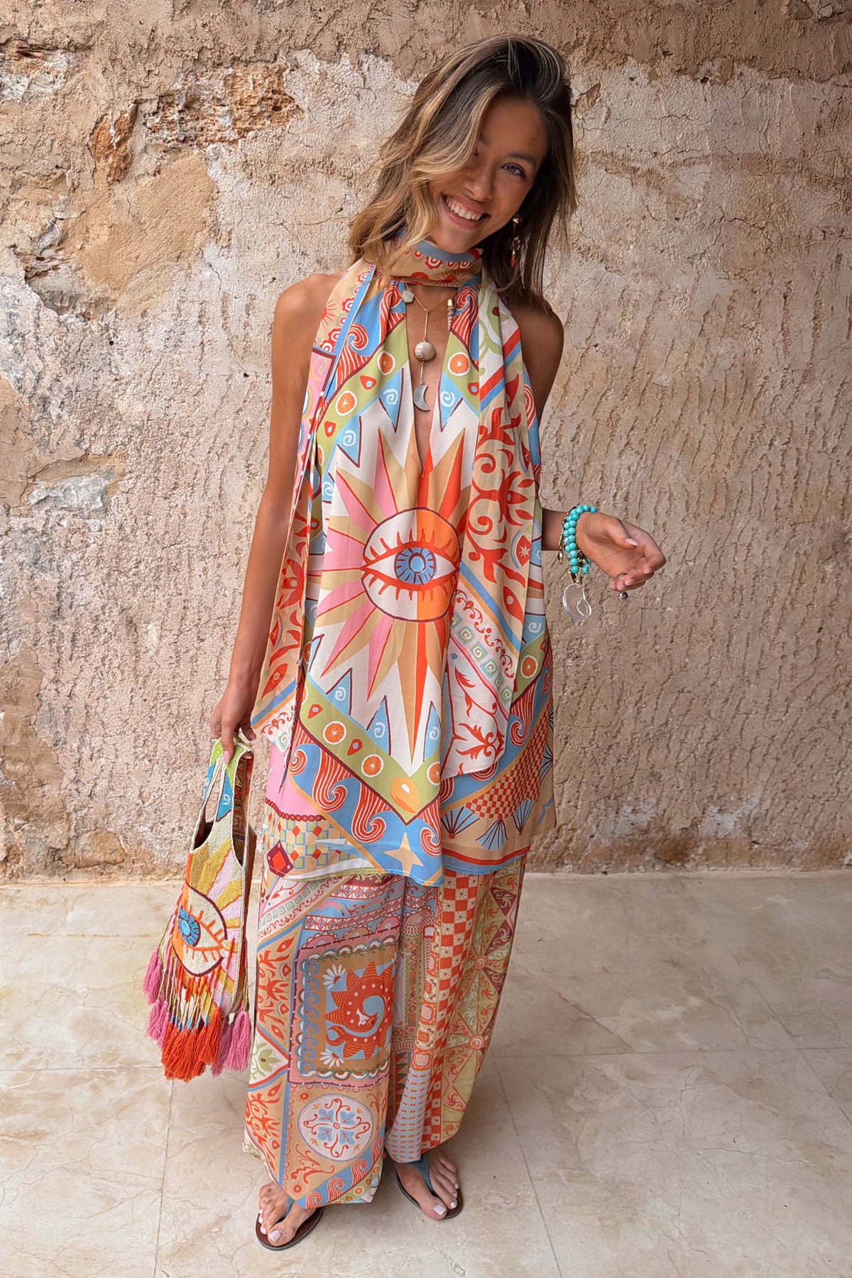 Geo Print Halter Mini Dress