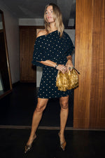Black Dotted Print One Shoulder Mini Dress