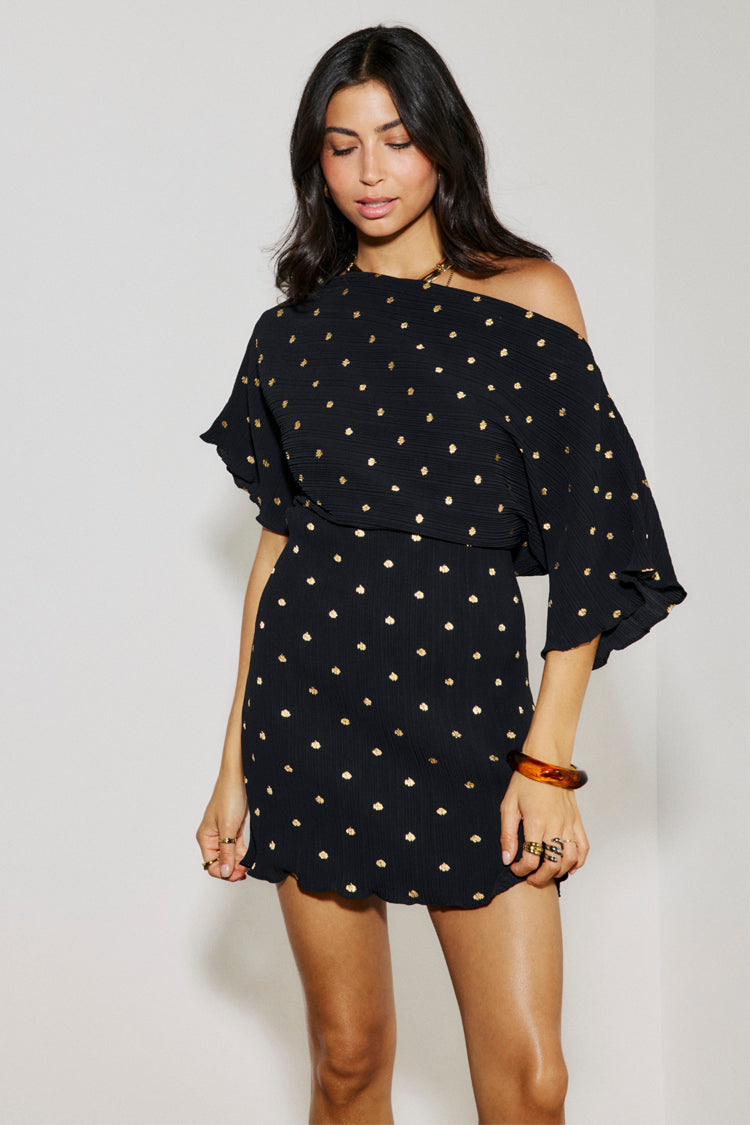 Black Dotted Print One Shoulder Mini Dress