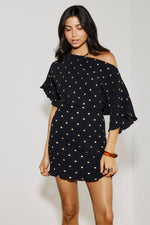 Black Dotted Print One Shoulder Mini Dress