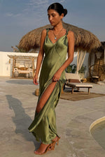 Olive Green Satin Maxi Dress