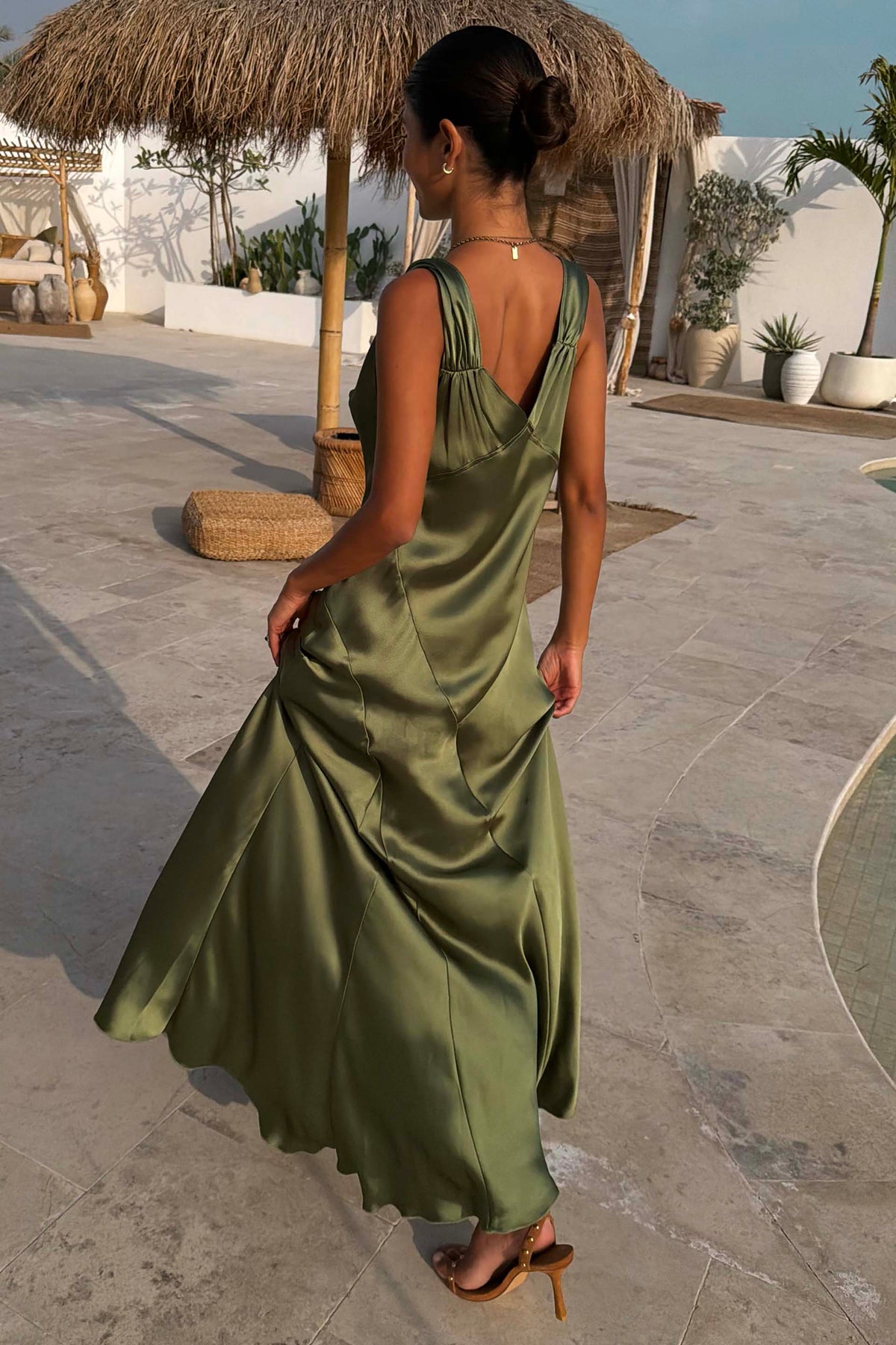 Olive Green Satin Maxi Dress