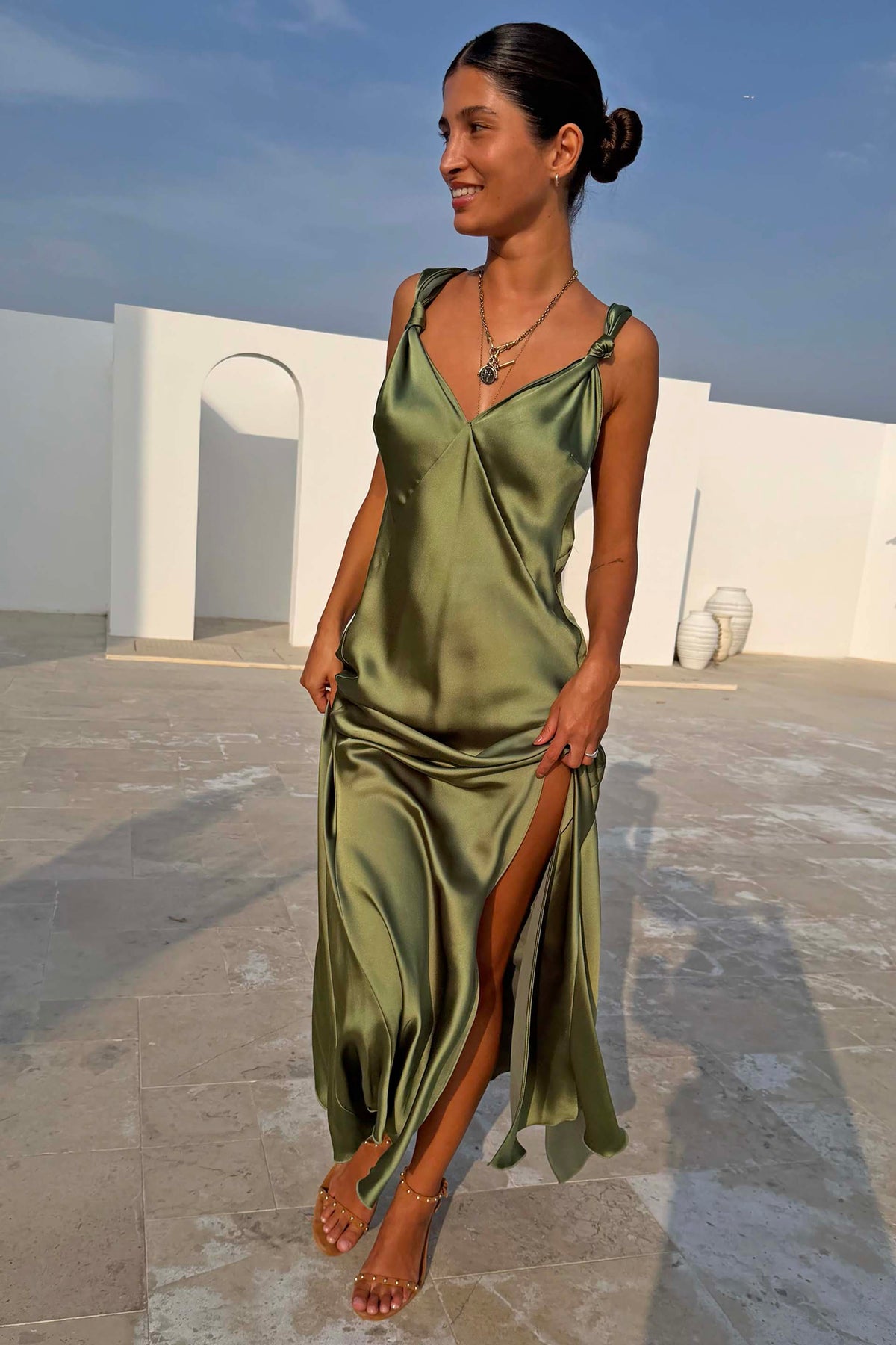 Olive Green Satin Maxi Dress