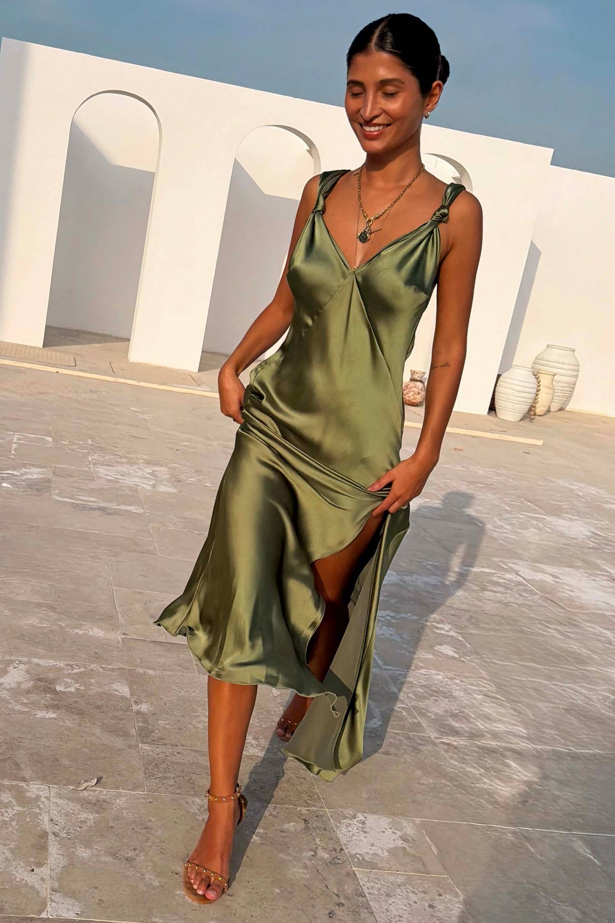 Olive Green Satin Maxi Dress