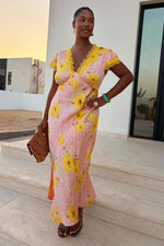 Pink Polka Dot Satin Maxi Dress