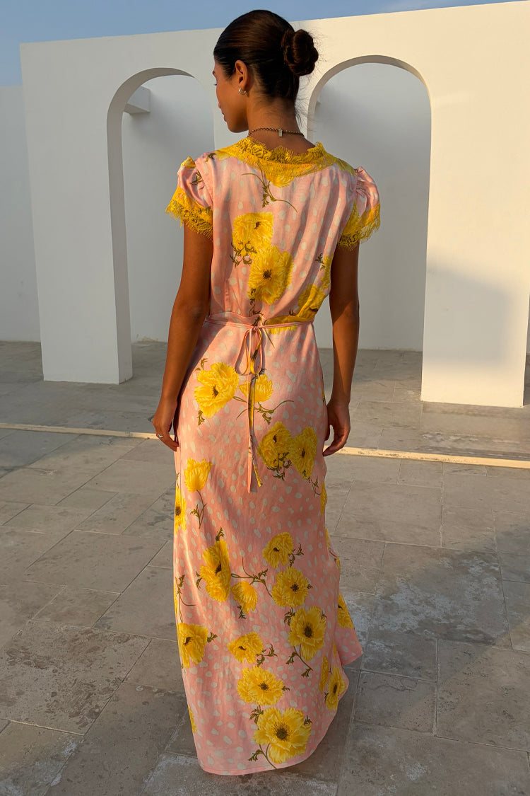 Pink Polka Dot Satin Maxi Dress