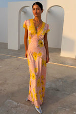 Pink Polka Dot Satin Maxi Dress