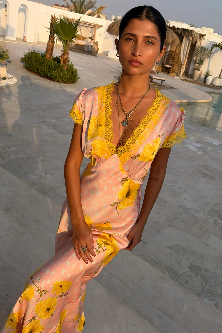 Pink Polka Dot Satin Maxi Dress