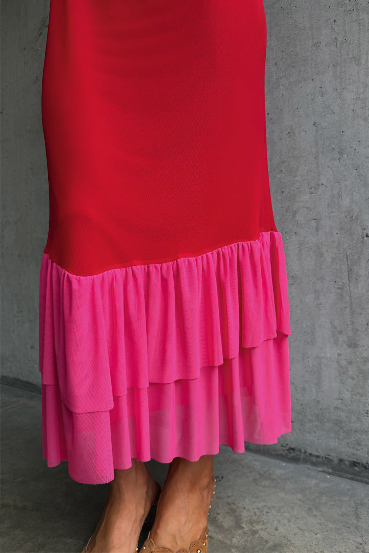 Red Short Sleeves Midi Dress