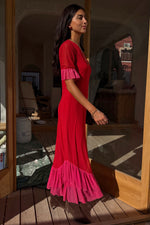 Red Short Sleeves Midi Dress