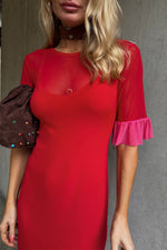 Red Short Sleeves Midi Dress