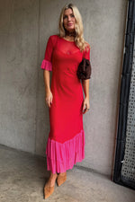 Red Short Sleeves Midi Dress