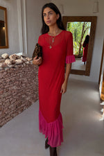 Red Short Sleeves Midi Dress