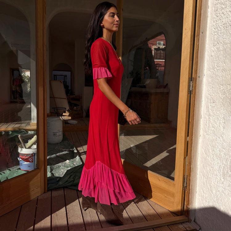 Red Short Sleeves Midi Dress
