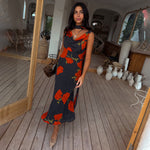 Black Poppy Print Sleeveless Midi Dress