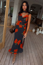 Black Poppy Print Sleeveless Midi Dress