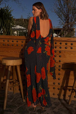 Black Poppy Print Sleeveless Midi Dress