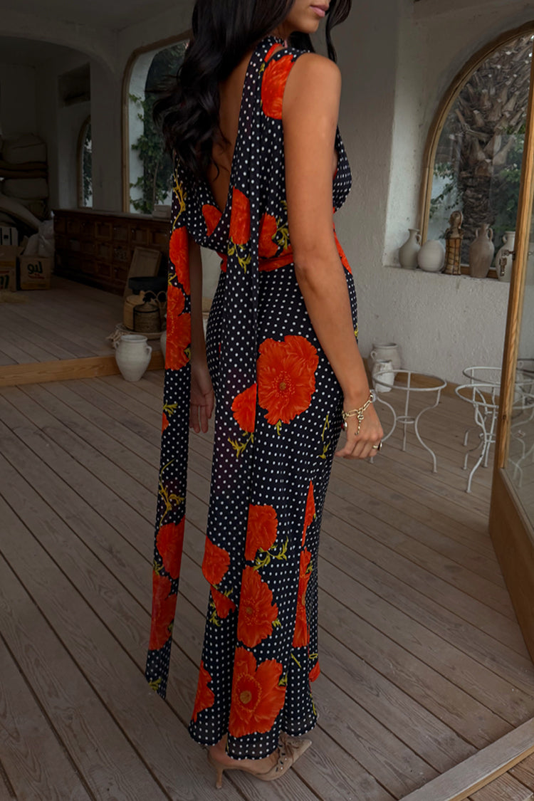 Black Poppy Print Sleeveless Midi Dress