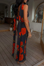 Black Poppy Print Sleeveless Midi Dress