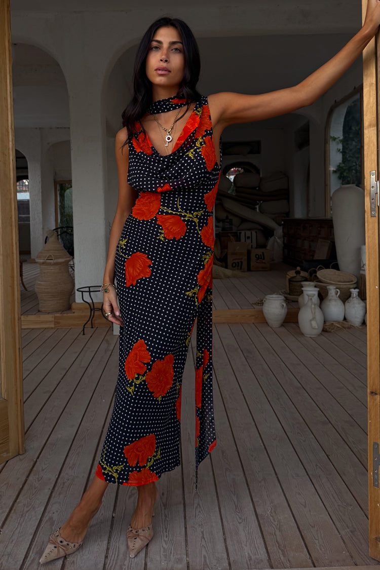 Black Poppy Print Sleeveless Midi Dress