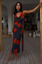 Black Poppy Print Sleeveless Midi Dress