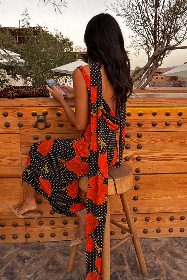 Black Poppy Print Sleeveless Midi Dress