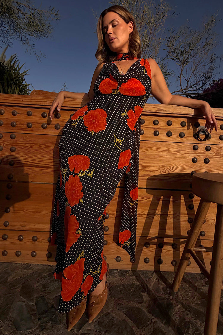 Black Poppy Print Sleeveless Midi Dress