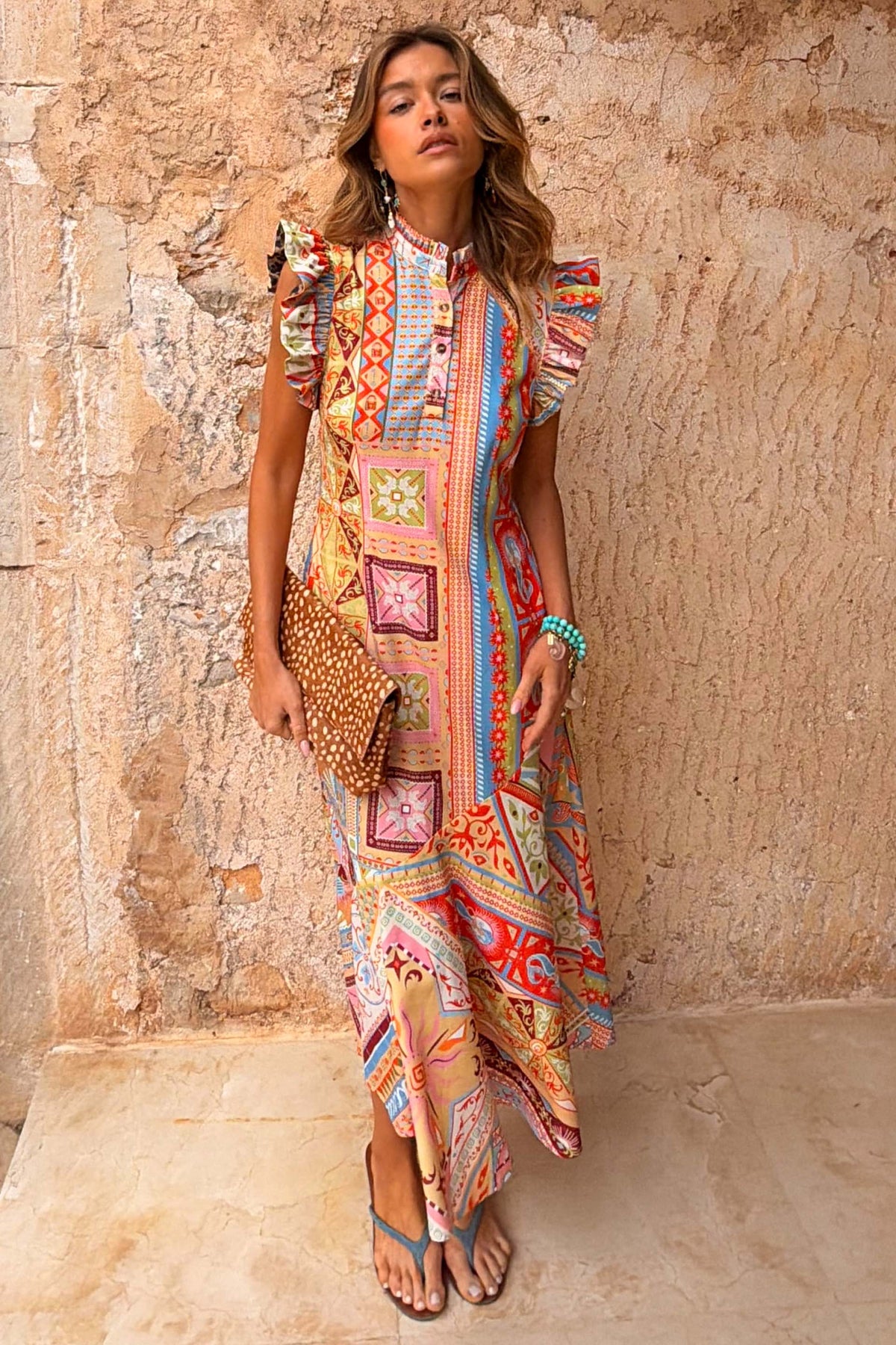 Red Tribal Print Midi Dress