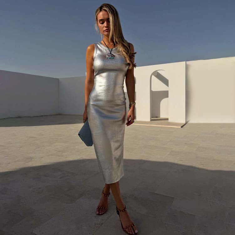 Silver Metallic Sleeveless Midi Dress