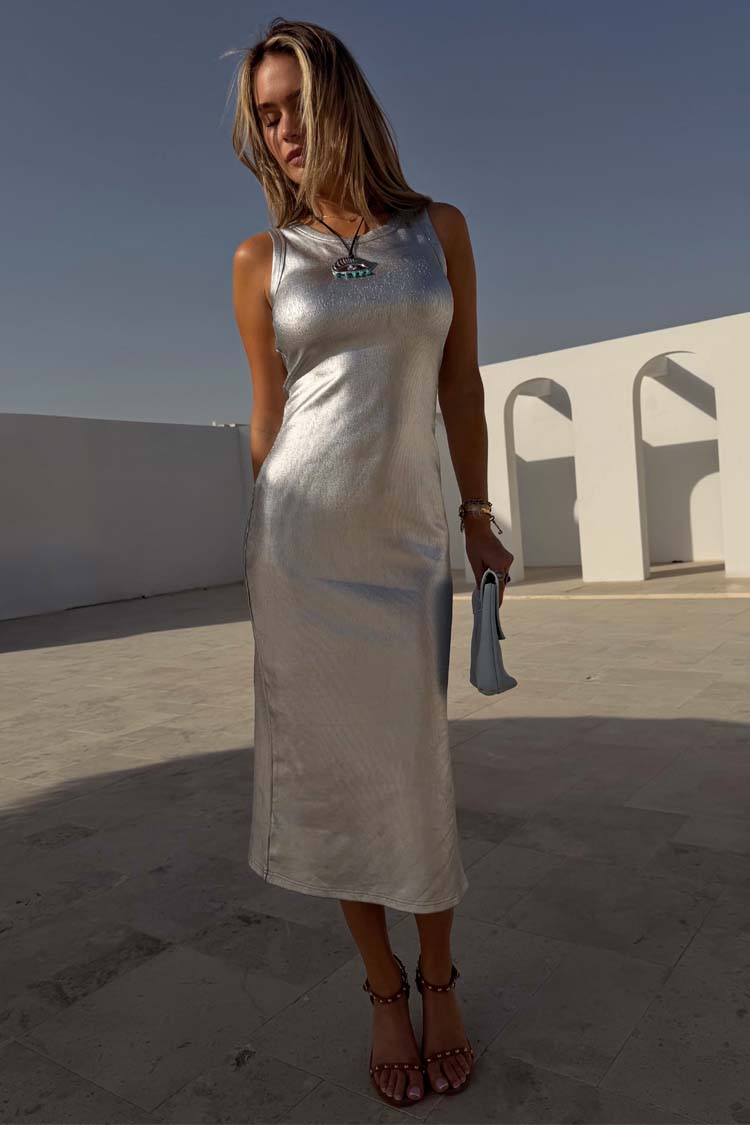 Silver Metallic Sleeveless Midi Dress