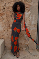 Black Poppy Print Sleeveless Midi Dress