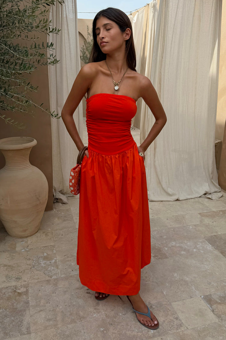 Tomato Red Strapless Mid Dress