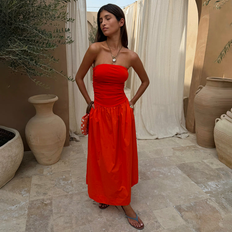Tomato Red Strapless Mid Dress