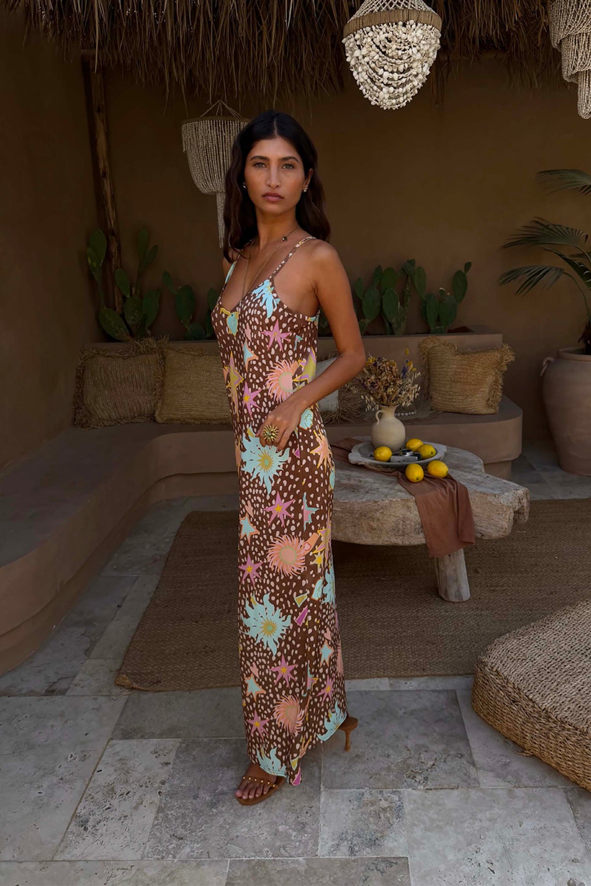 Brown Star Print Long Sleeves Maxi Dress