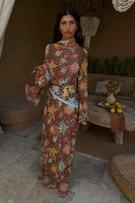 Brown Star Print Long Sleeves Maxi Dress