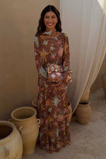 Brown Star Print Long Sleeves Maxi Dress
