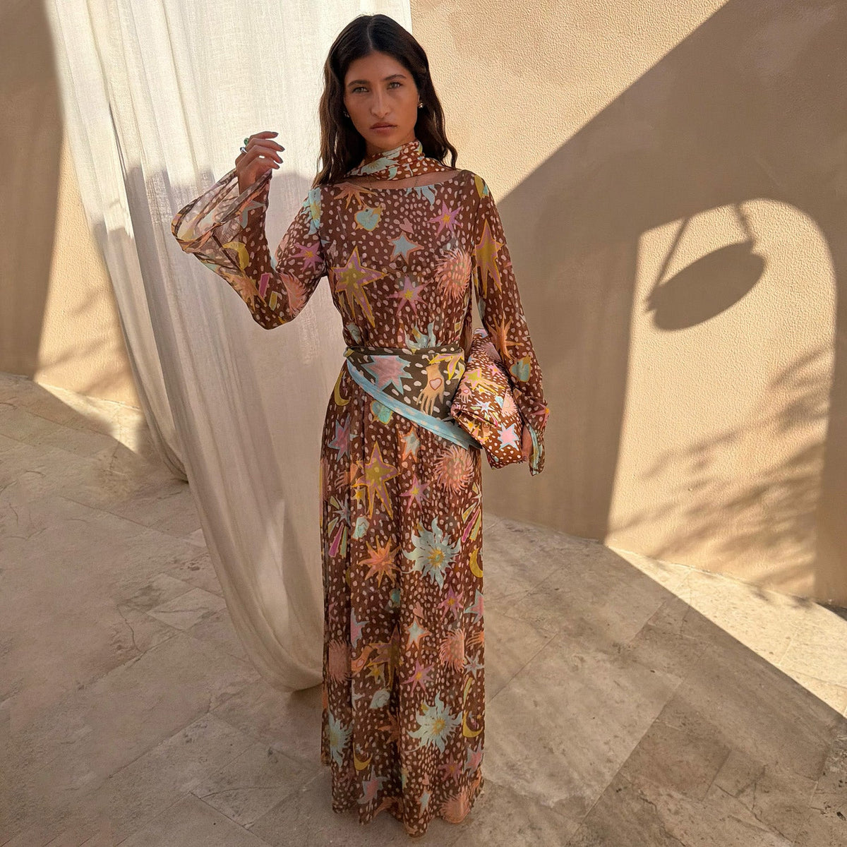 Brown Star Print Long Sleeves Maxi Dress