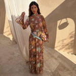 Brown Star Print Long Sleeves Maxi Dress